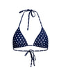 Navy blue bikini set with white polka dots on a white background