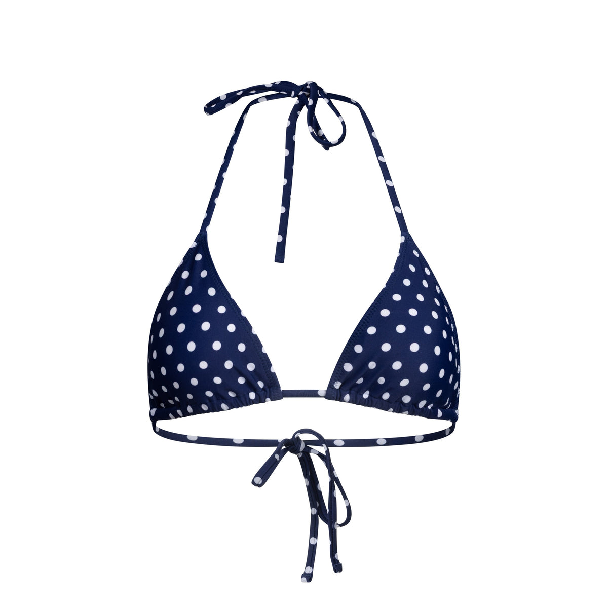 Navy blue bikini set with white polka dots on a white background